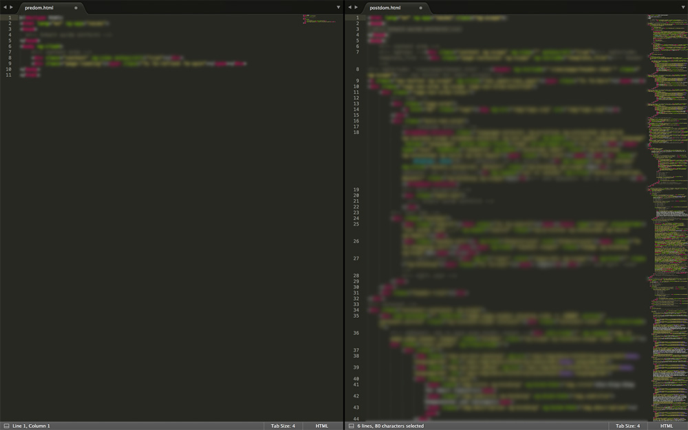 Links ist der Quellcode einer Webseite zusehen vor dem Rendering vom JavaScript. Rechts nach dem Rendering